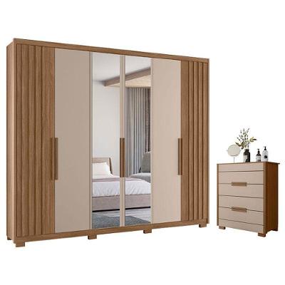 Guarda Roupa Casal e Cômoda Araguaia Dhara 6 Portas Giratórias 4 Gavetas MDP Carvalho Fendi