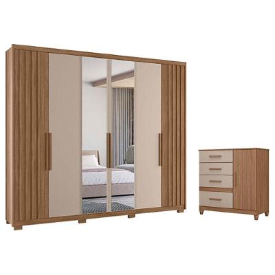 Guarda Roupa Casal Araguaia e Cômoda Vênus 6 Portas 4 Gavetas Carvalho Fendi