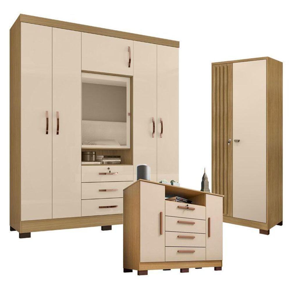 Guarda Roupa Casal Imperial E Cômoda Madri Com Armário Multiuso Versatile Carvalho Americano Off White - Incorplac - 1