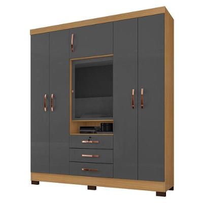 Guarda Roupa Casal Imperial Com Cômoda Madri E Armário Multiuso Egito Carvalho Americano Grafite - Incorplac