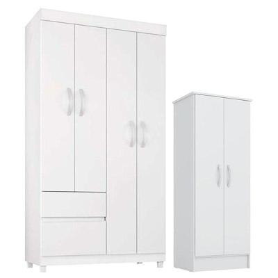 Guarda Roupa Infantil Lótus e Armário Multiuso Viena 4 Portas 2 Gavetas Branco Brilho