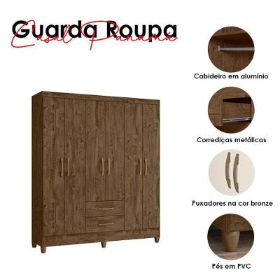 Guarda Roupa Casal Panamá 6 Portas 2 Gavetas Castanho Wood MDP Moval Móveis