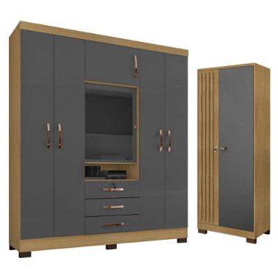 Guarda Roupa Casal Imperial 6 Portas Bater 3 Gavetas Carvalho Americano Grafite