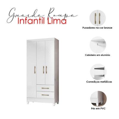 Guarda Roupa Infantil Lima 3 Portas 2 Gavetas Branco Flex
