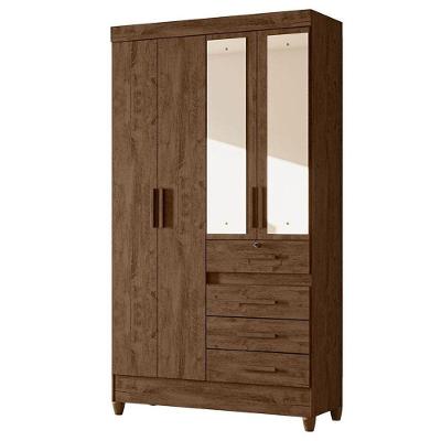 Guarda Roupa Solteiro Ambiente Sobral 4 Portas 4 Gavetas Castanho Wood com Espelho