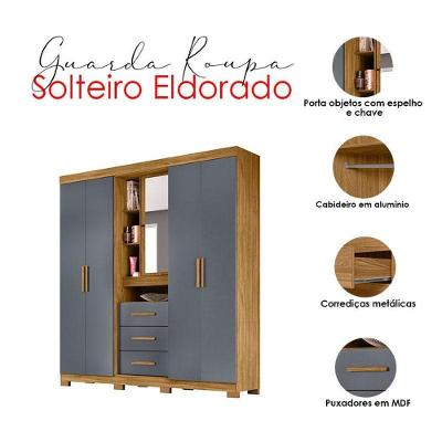 Guarda Roupa Solteiro Ambiente Eldorado 5 Portas Freijó Cinza Com Espelho - Moval