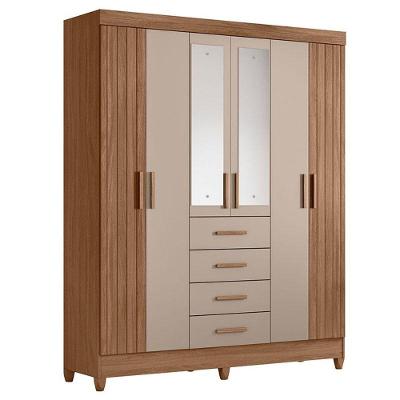 Guarda Roupa Solteiro Aruba 6 Portas 4 Gavetas Carvalho Fendi com Espelho