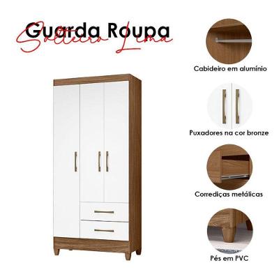 Guarda Roupa Solteiro Ambiente Lima 3 Portas 2 Gavetas Naturale Branco MDP