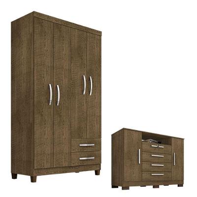 Guarda Roupa Solteiro Modena 4 Portas 2 Gavetas Malbec com Cômoda Madri MDP