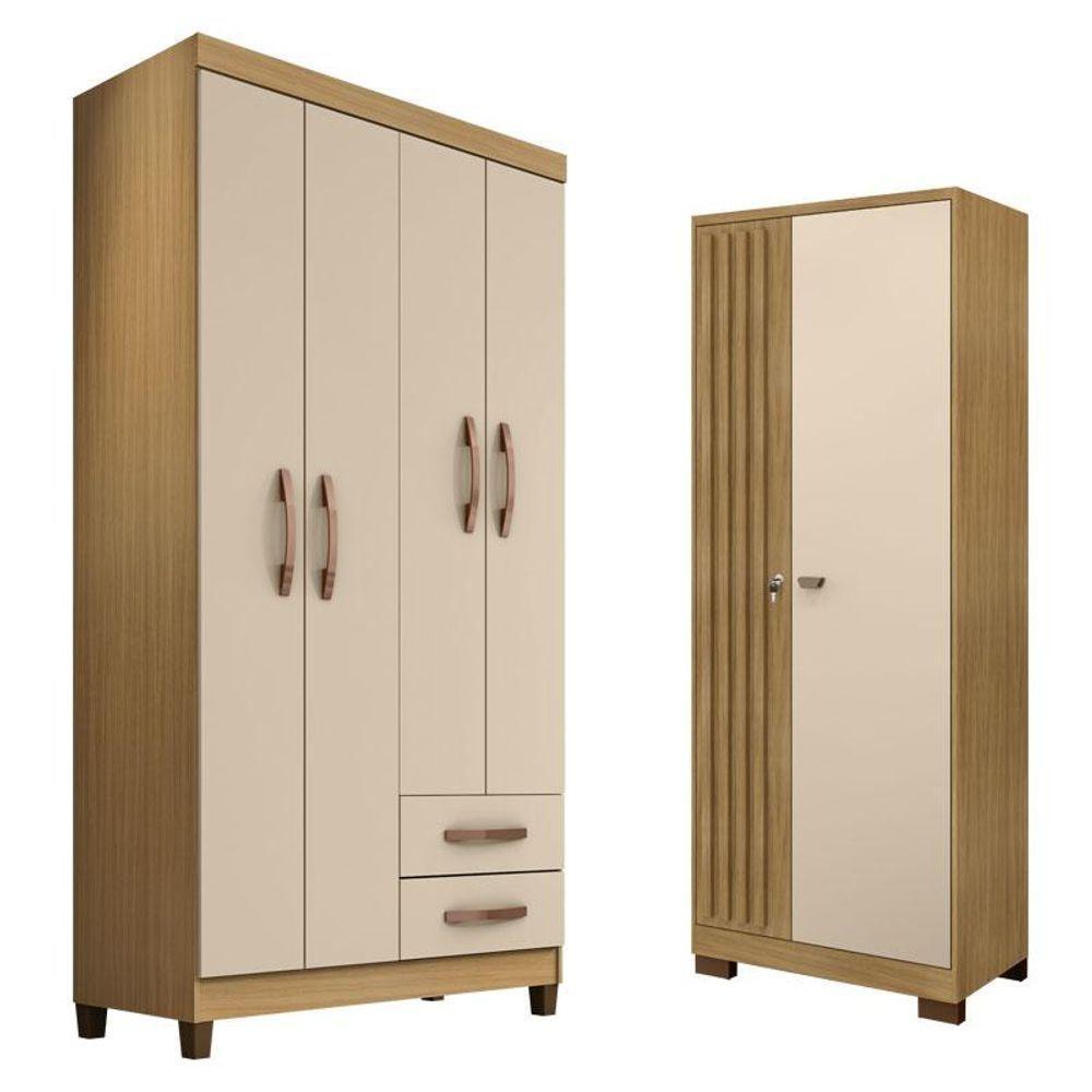Guarda Roupa Solteiro Modena 4 Portas E Armário Multiuso Versatile Carvalho Americano Off White - Incorplac - 1