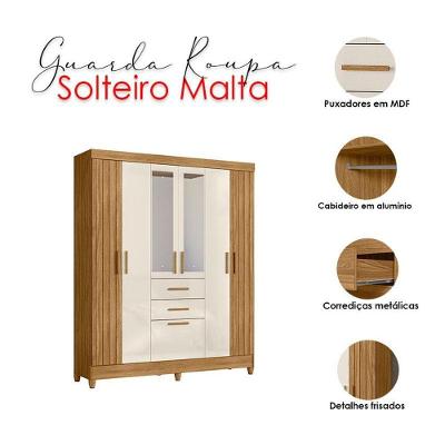 Guarda Roupa Solteiro Malta 7 Portas 2 Gavetas Freijó Off White com Espelho Moval Móveis