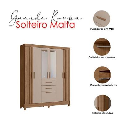 Guarda Roupa Solteiro Malta 7 Portas 2 Gavetas Carvalho Fendi com Espelho