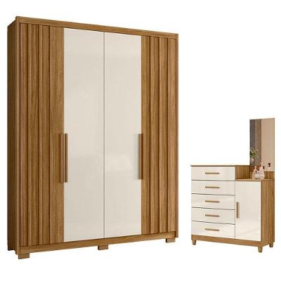 Guarda Roupa Solteiro Califórnia 4 Portas 3 Gavetas Freijó Off White e Cômoda