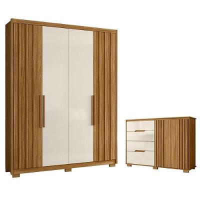 Guarda Roupa Solteiro Califórnia 4 Portas 3 Gavetas Freijó Off White e Cômoda
