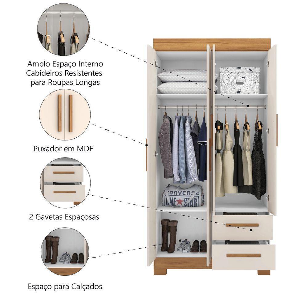 Guarda Roupas Solteiro 4 Portas 2 Gavetas Malta Madeirado / Off White Notável - 4