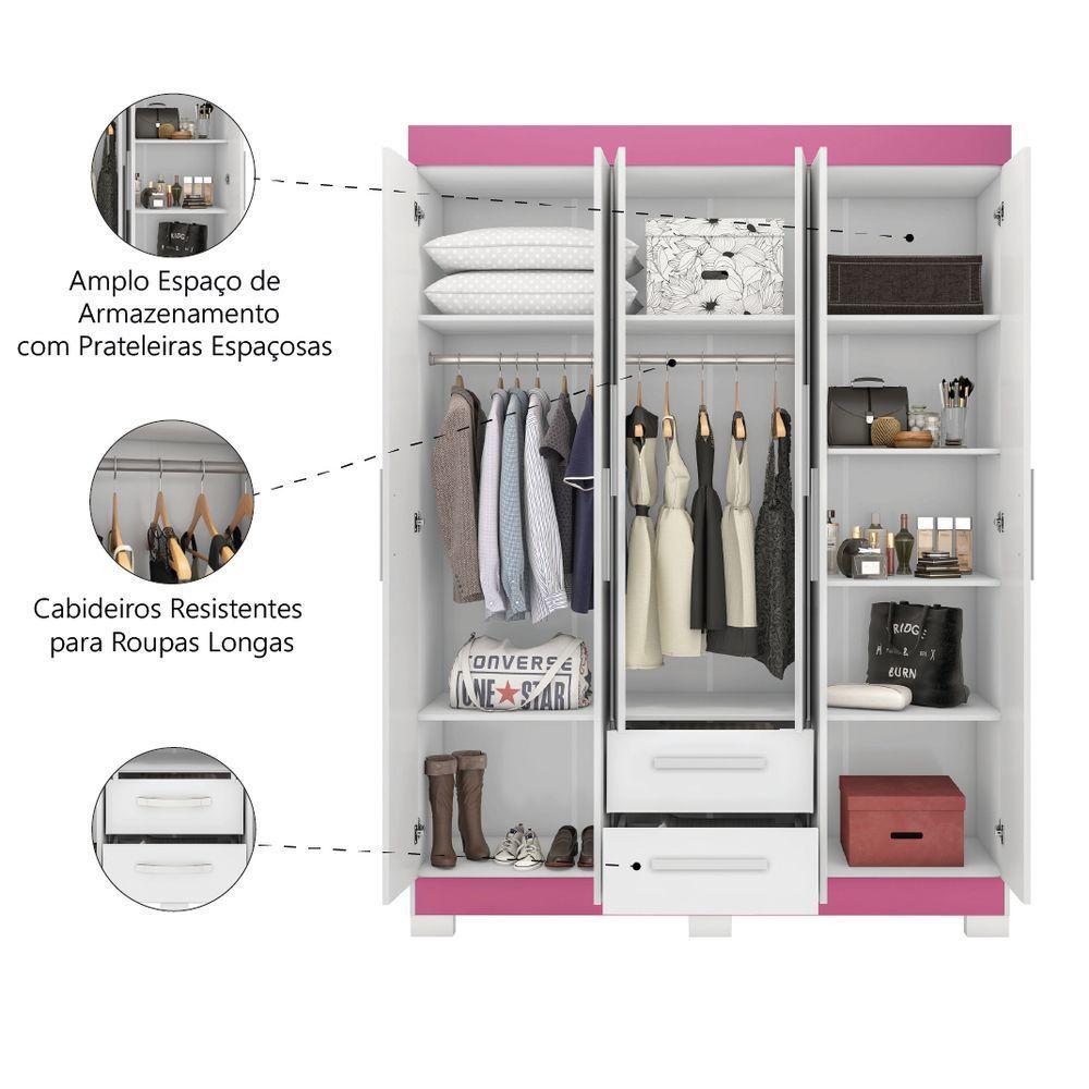 Guarda Roupas Casal Juvenil 6 Portas 2 Gavetas Líbano Branco / Rosa Notável - 4