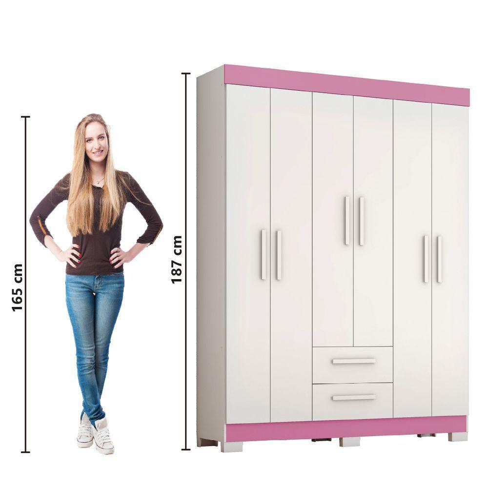 Guarda Roupas Casal Juvenil 6 Portas 2 Gavetas Líbano Branco / Rosa Notável - 5