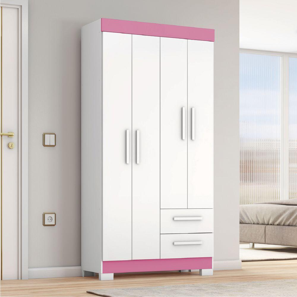 Guarda Roupas Solteiro Juvenil 4 Portas 2 Gavetas Malta Branco / Rosa Notável - 2
