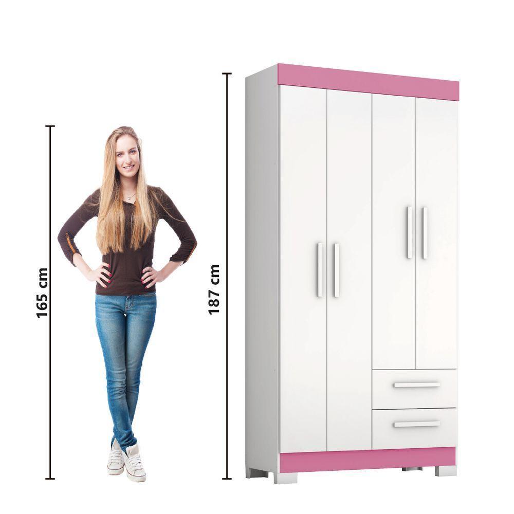 Guarda Roupas Solteiro Juvenil 4 Portas 2 Gavetas Malta Branco / Rosa Notável - 5