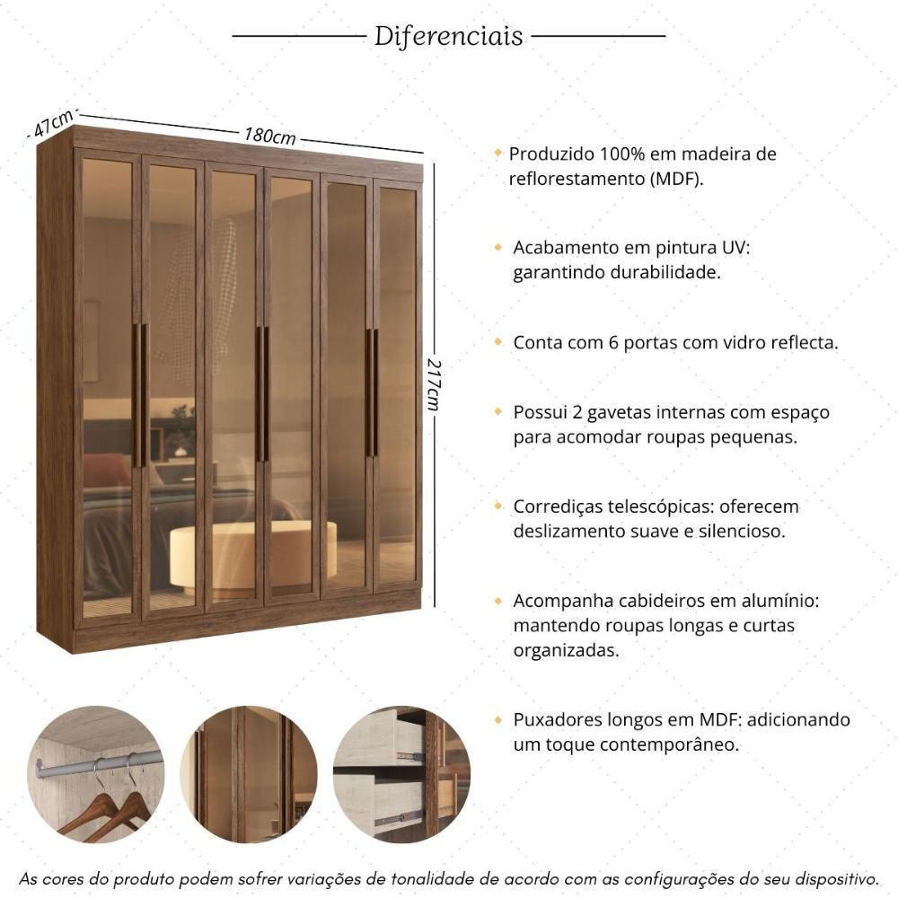 Guarda-roupas Casal 6 Portas Com Vidro Multimóveis Cr35260 Castanho - 3