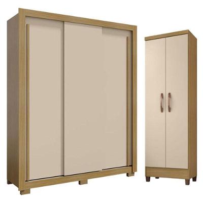 Guarda Roupa Solteiro Nevoa Flex 3 Portas De Correr E Armário Multiuso Egito Carvalho Americano Off White - Incorplac