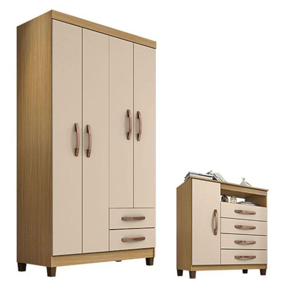 Guarda Roupa Solteiro Modena Com 4 Portas E Cômoda Sapateira Cannes Carvalho Americano Off White - Incorplac - 1