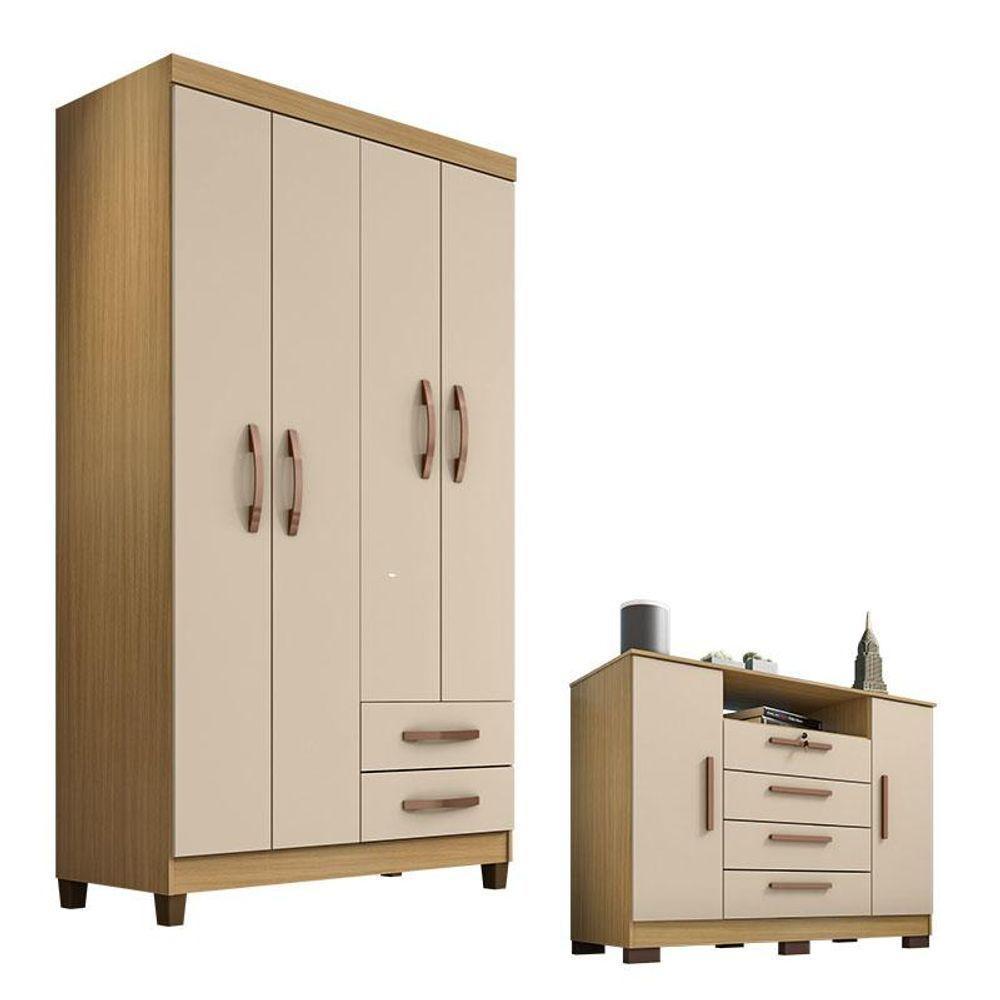 Guarda Roupa Solteiro Modena 4 Portas E Cômoda Madri Carvalho Americano Off White - Incorplac - 1