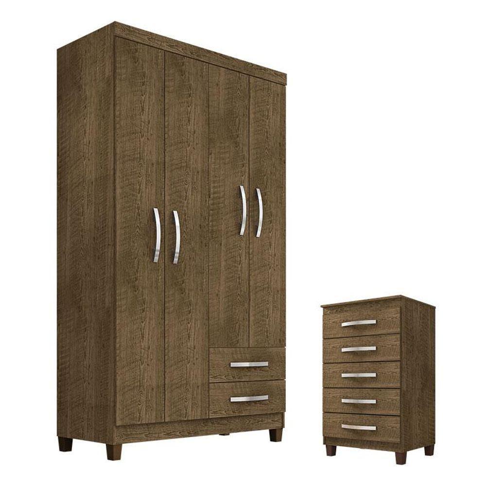 Guarda Roupa Solteiro Modena 4 Portas E Cômoda Gaveteira Cannes Malbec - Incorplac - 1