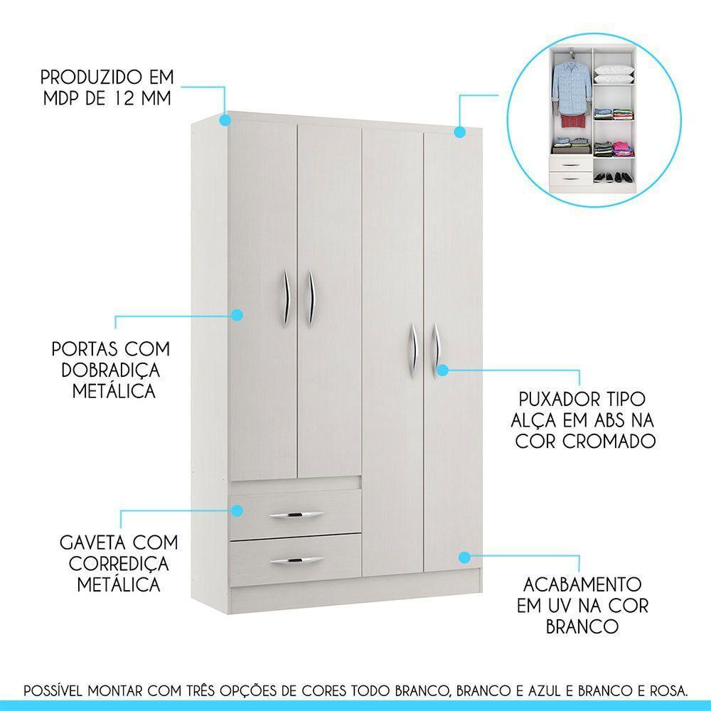 Guarda-roupa Solteiro 4 Portas 2 Gavetas 105x179cm Mdp Menu Móveis Branco - 2