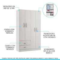 Guarda-roupa Solteiro 4 Portas 2 Gavetas 105x179cm Mdp Menu Móveis Branco - 2