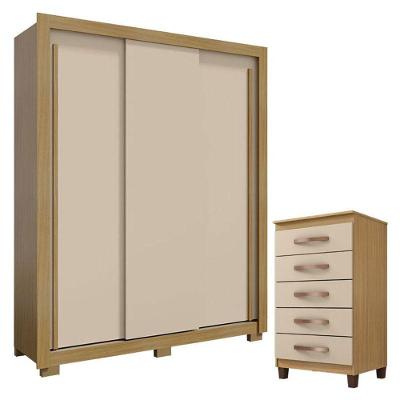 Guarda Roupa Solteiro Nevoa Flex 3 Portas De Correr Com Cômoda Cannes 5 Gavetas Carvalho Americano Off White - Incorplac