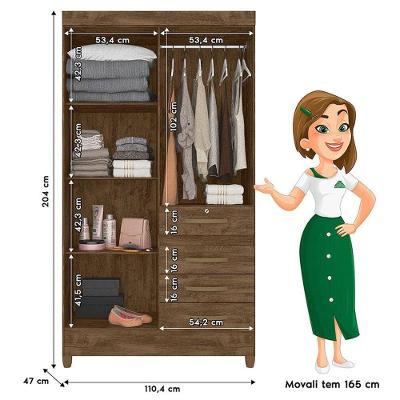 Guarda Roupa Solteiro Sobral 4 Portas com Espelho 4 Gavetas Castanho Wood