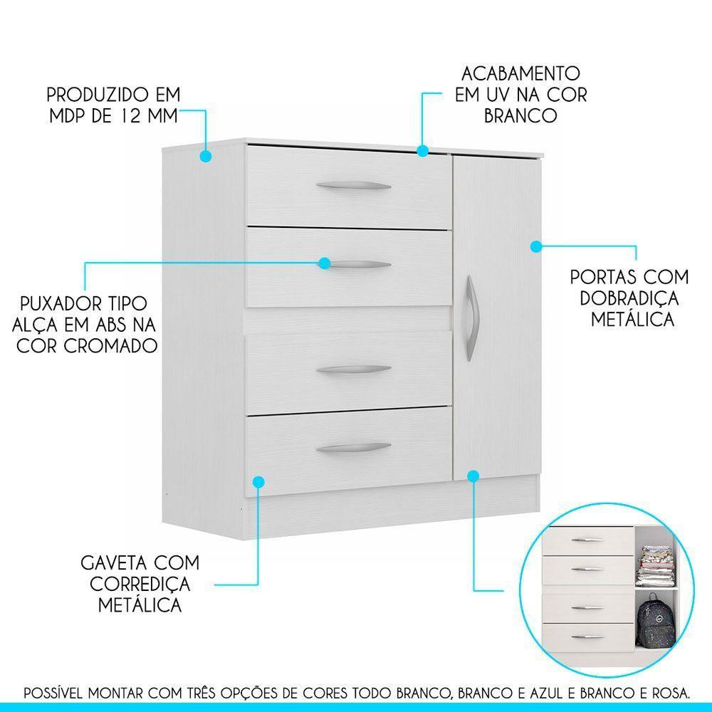 Kit Quarto Pequeno Com Guarda-roupa E Cômoda Mdp Menu Móveis Branco - 3