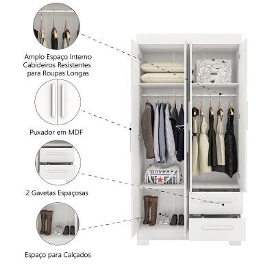 Guarda Roupa Solteiro Malta 4 Portas de Bater 2 Gavetas Branco Flex MDP