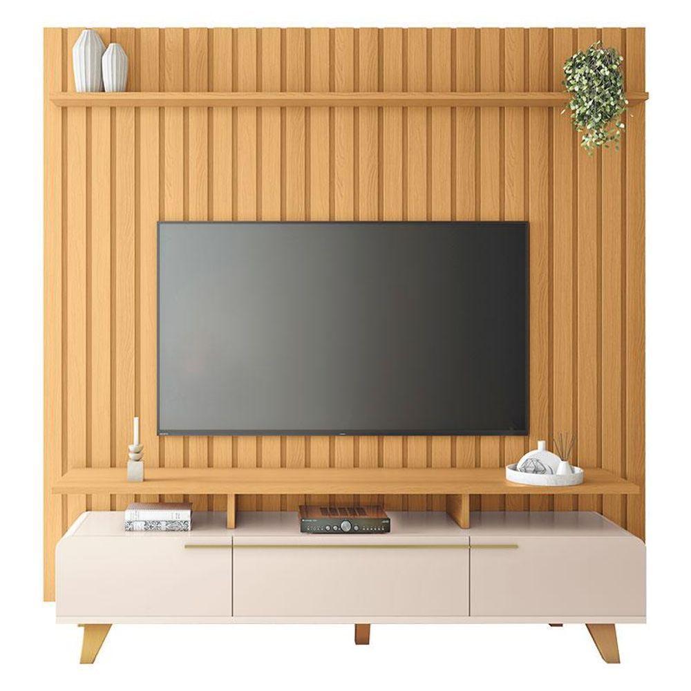 Rack Bancada Essenza 2.0 Com Painel Ripado You 2.2 Cinamomo Off White - Hb Móveis - 1