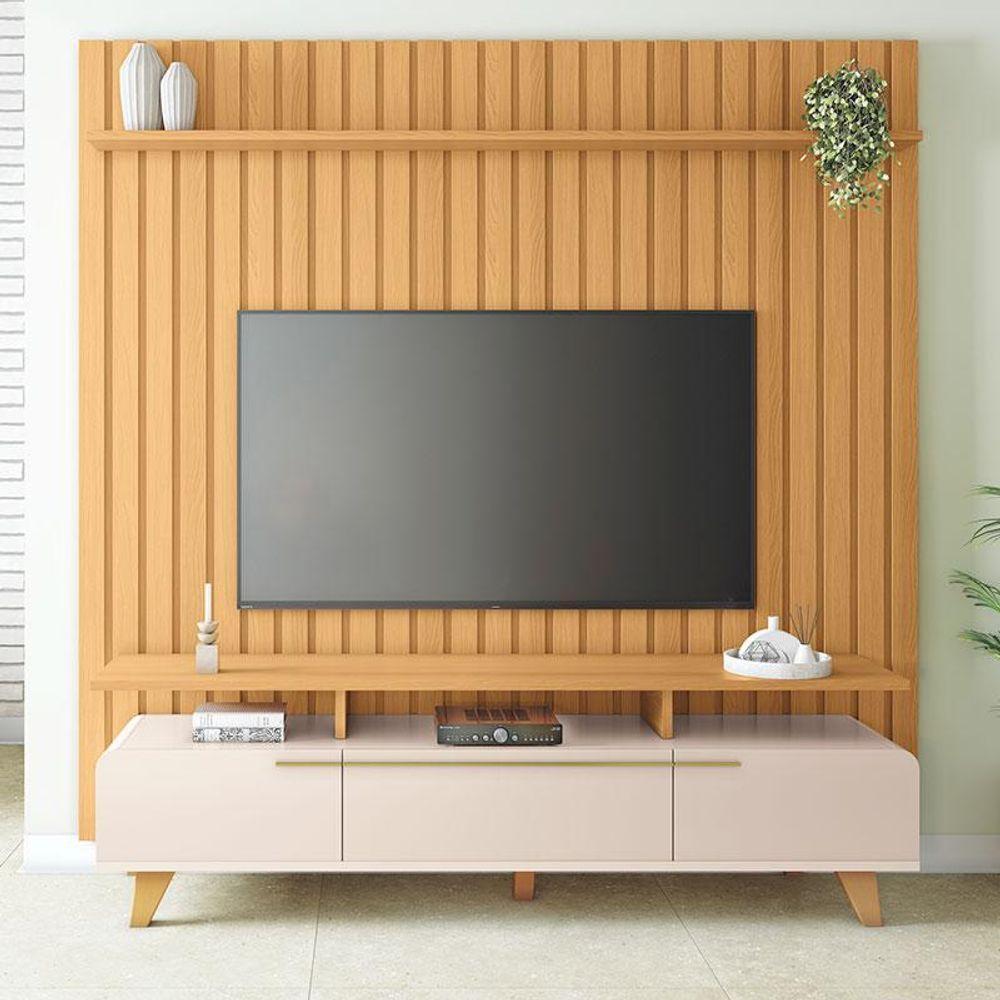 Rack Bancada Essenza 2.0 Com Painel Ripado You 2.2 Cinamomo Off White - Hb Móveis - 2