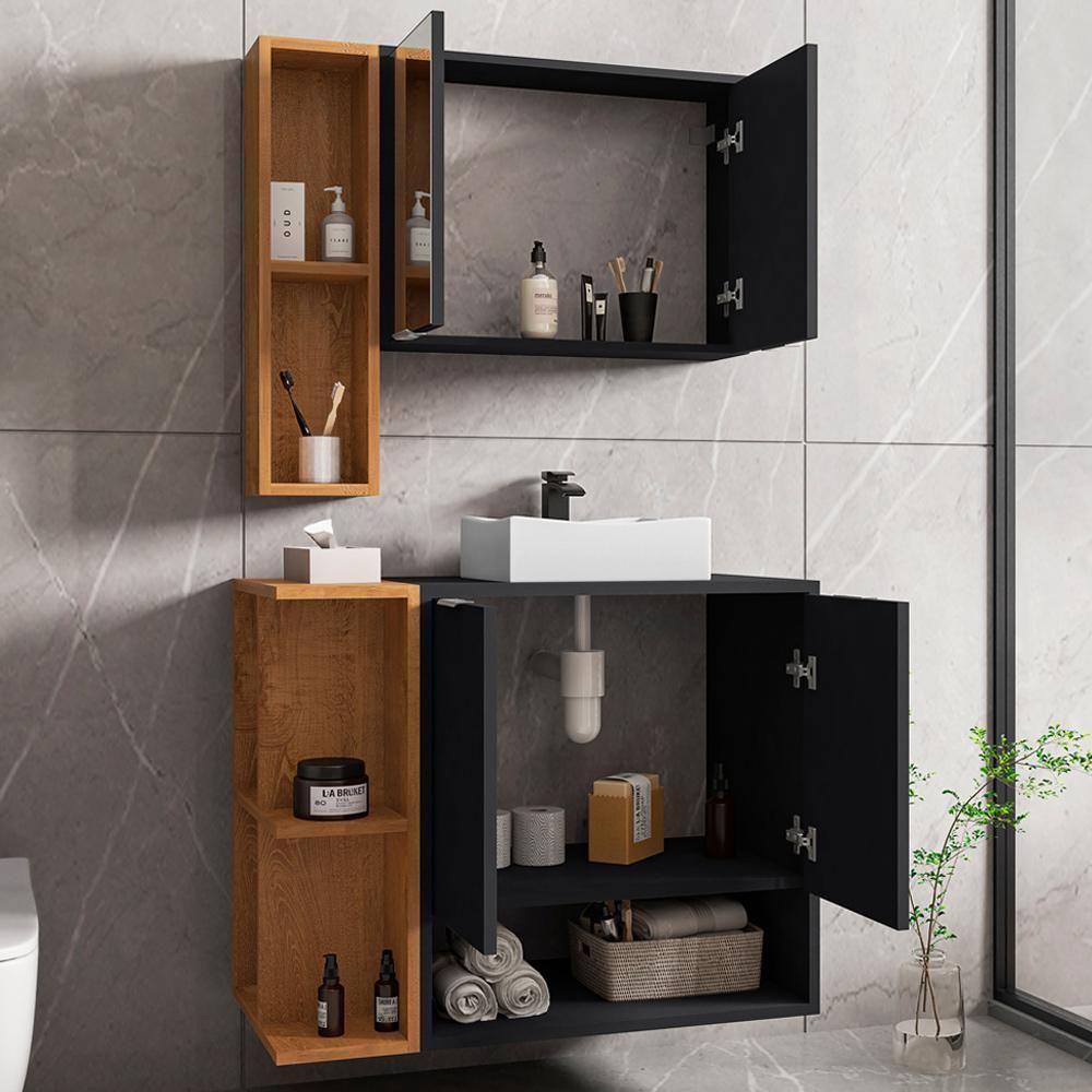 Gabinete Para Banheiro Com Cuba E Espelho Siesta B02 Preto Fosco Naturalle - Lyam Decor - 3