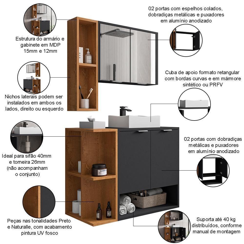 Gabinete Para Banheiro Com Cuba E Espelho Siesta B02 Preto Fosco Naturalle - Lyam Decor - 4