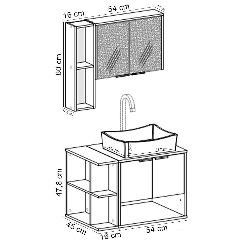 Gabinete Para Banheiro Com Cuba E Espelho Siesta B02 Preto Fosco Naturalle - Lyam Decor - 5