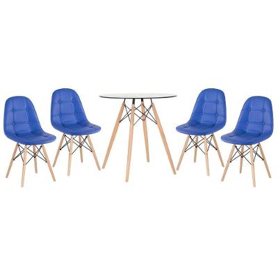 Kit - Mesa De Vidro Eames 70 Cm + 4 Cadeiras Eames Botonê Azul Azul