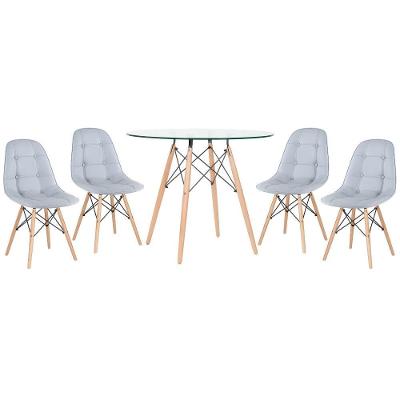 Kit - Mesa De Vidro Eames 90 Cm + 4 Cadeiras Eames Botonê Cinza Claro Cadeiras Cinza Claro