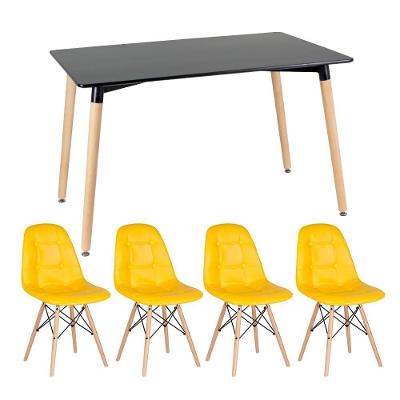 Kit - Mesa Retangular Eames 80 X 120 Cm Preto + 4 Cadeiras Botonê Amarelo Mesa Preto Com Cadeiras Amarelo