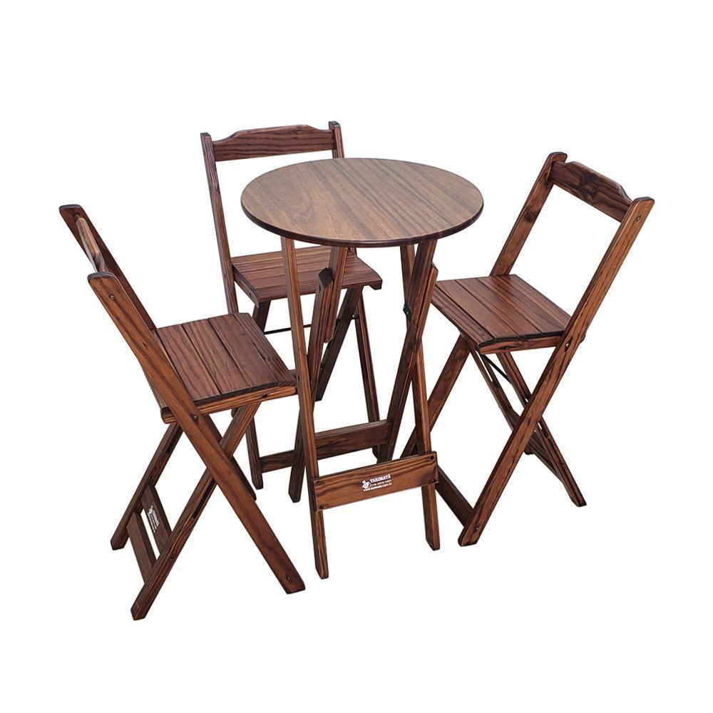 Conjunto Bistrô Mesa Dobrável De Madeira Redonda Com 3 Banquetas Imbuia - Tarimatã - 1