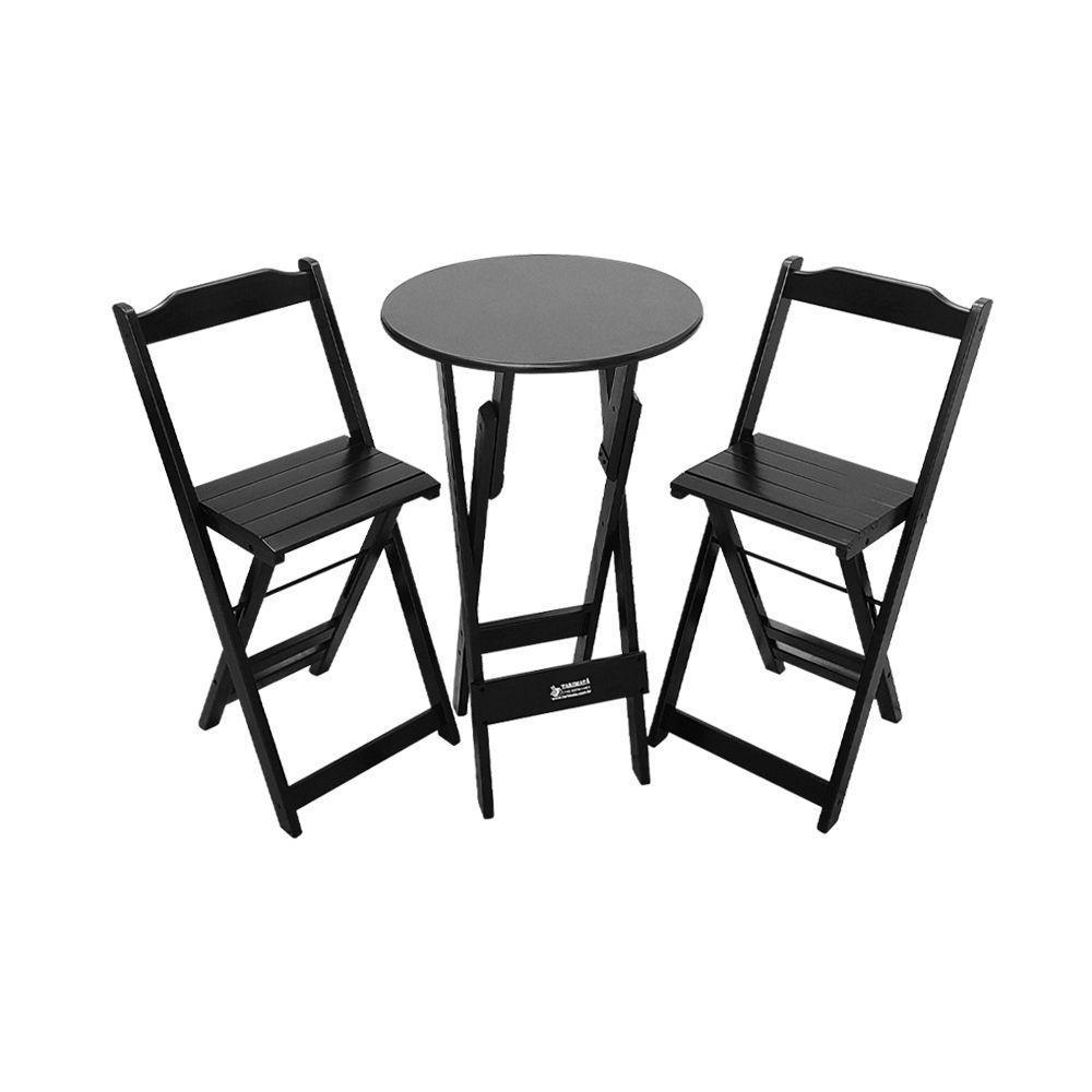 Mesa Bistrô Dobrável De Madeira Redonda Com 2 Banquetas Preta - Tarimatã - 1