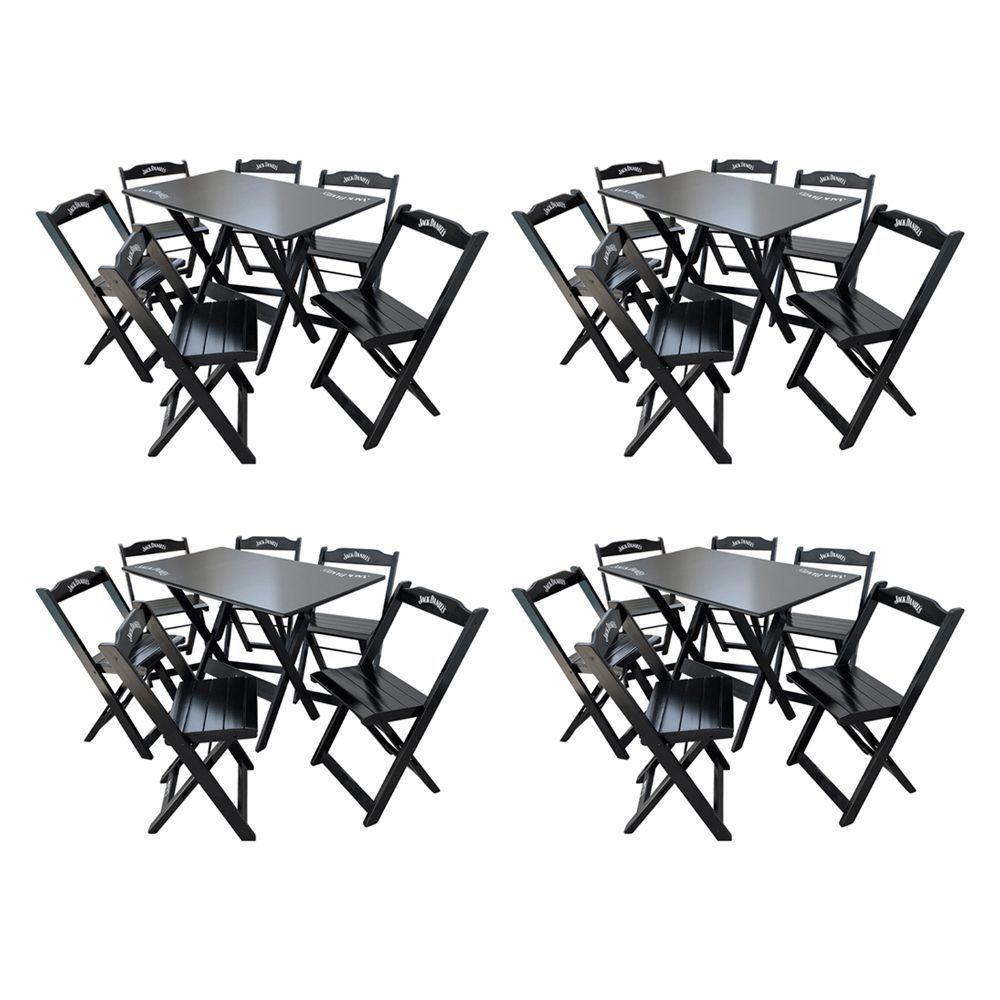 Kit 4 Conjuntos Mesa Dobrável Madeira 110x70 Com 6 Cadeiras Personalizada Jack Preta - Tarimatã - 1