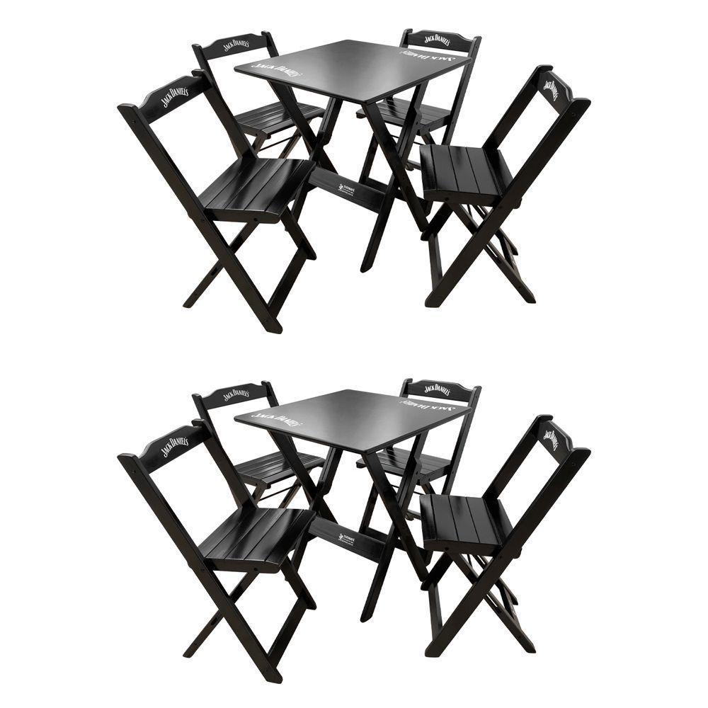 Kit 2 Conjuntos Mesa Dobrável Madeira 70x70 Com 4 Cadeiras Personalizada Jack Preta - Tarimatã - 1