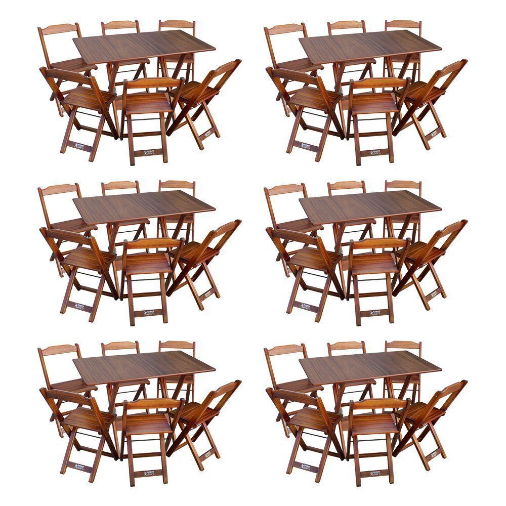 Kit 6 Conjuntos De Mesa Dobráveis De Madeira 70x110cm Com 6 Cadeiras Imbuia - 1