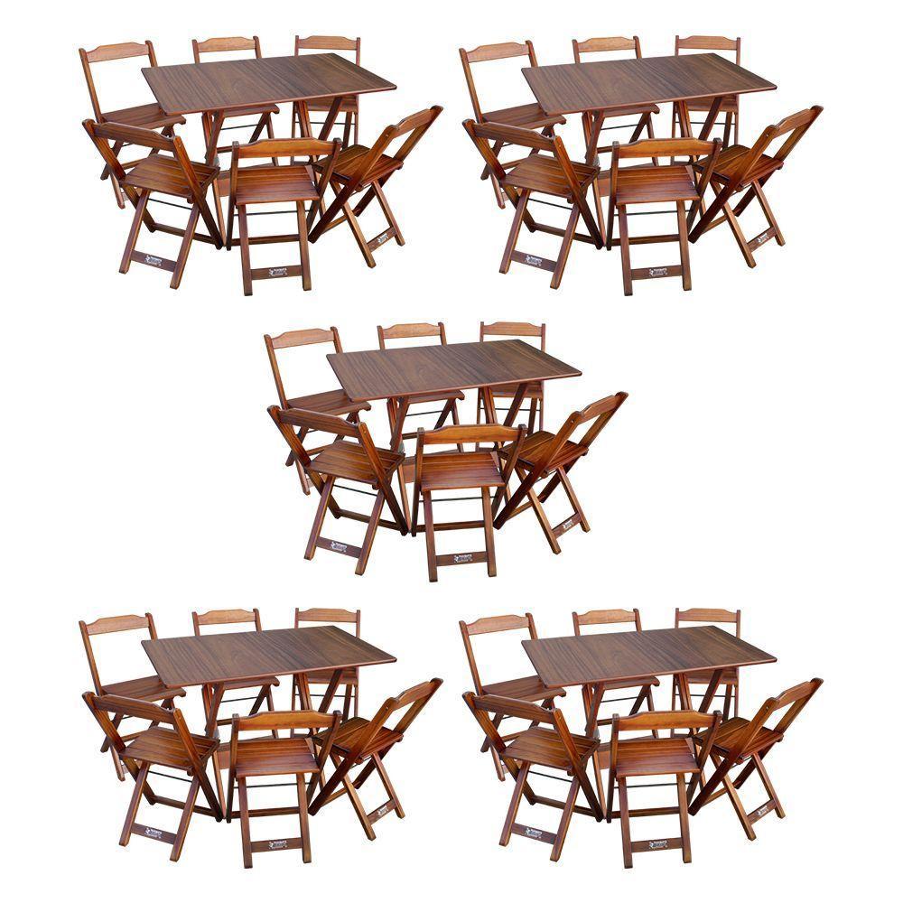 Kit 5 Conjuntos De Mesa Dobráveis De Madeira 70x110cm Com 6 Cadeiras Imbuia - 1