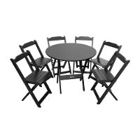 Conjunto Dobrável Mesa De Madeira 90cm Redonda Com 6 Cadeiras Preta - Tarimatã - 1