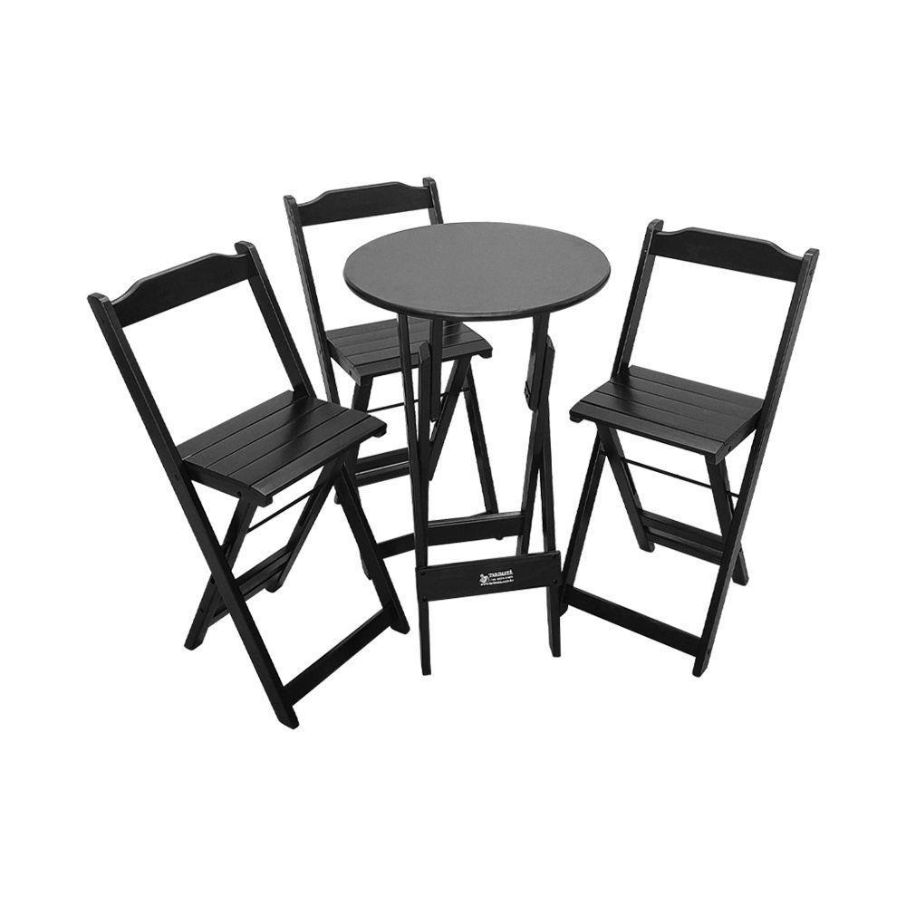 Mesa Bistrô Dobrável De Madeira Redonda Com 3 Banquetas Preta - Tarimatã - 1